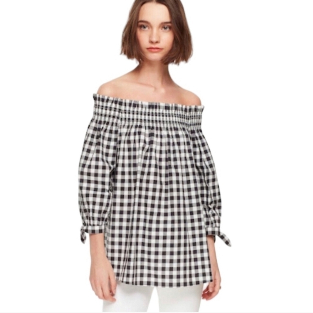 Kate Spade Black White Gingham Off Shoulder Cotton Top Preppy